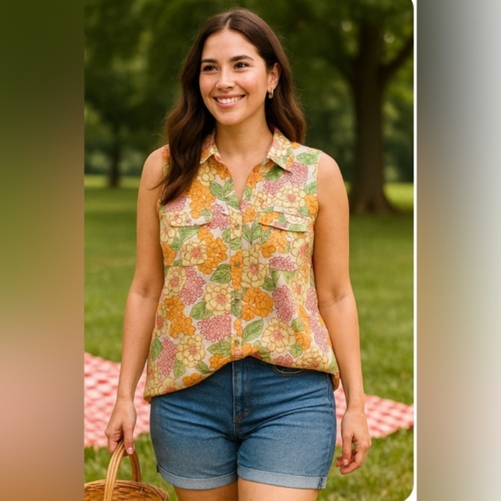 Vintage-inspired Floral Sleeveless Button Front Blouse Top Retro EUC L #791